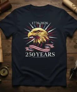 1776-2026 250 YEARS USA patriotic eagle graphic t-shirt design in white text