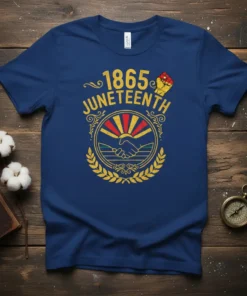 1865 Juneteenth T-Shirt with handshake graphic, sun rays, and raised fist symbol in yellow and red