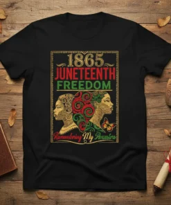 1865 Juneteenth Freedom Remembering My Ancestors t-shirt design featuring profiles of Black women and historical text