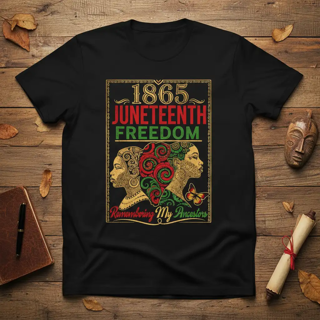 1865 Juneteenth Freedom Remembering My Ancestors graphic tee with historical figures and text
