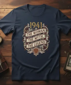 1941 The Woman The Myth The Legend quote on a navy blue t-shirt, vintage design with ornate details