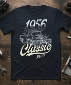 1956 Classic F100 truck blueprint design on a dark t-shirt, featuring technical details and vintage typography