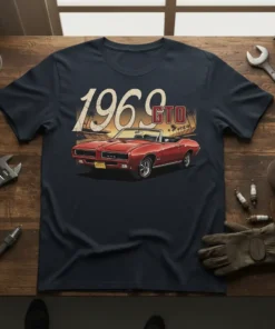 1969 GTO classic car design with vintage sunset and palm trees, red convertible illustration, text "1969 GTO"