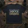 1972 All Original Parts birthday t-shirt design featuring vintage typography and car engine graphics