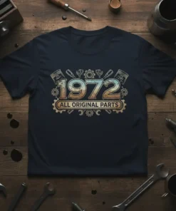 1972 All Original Parts birthday t-shirt design featuring vintage typography and car engine graphics