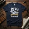 Navy blue t-shirt with "1976 Vintage Vintage" text and wrench graphic, celebrating the year 1976