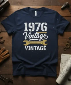 Navy blue t-shirt with "1976 Vintage Vintage" text and wrench graphic, celebrating the year 1976