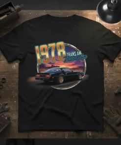 1978 Trans Am Trans Am T-Shirt featuring a vintage black Trans Am car driving at sunset, text "1978 TRANS AM