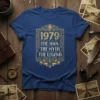 1979 The Man The Myth The Legend text design with lion graphic on a blue t-shirt