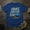 1985 Chevy C10 classic truck design with blueprint background on a blue t-shirt