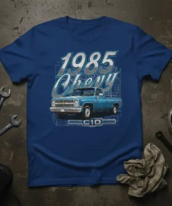 1985 Chevy C10 classic truck design with blueprint background on a blue t-shirt