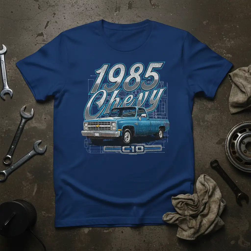 1985 Chevy C10 trendy design printed on premium quality fabric with eye-catching details