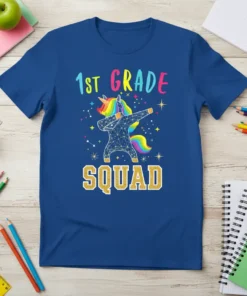 1st Grade Squad t-shirt with a dabbing unicorn graphic and colorful text for back to school