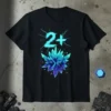 Black t-shirt with a bright cyan "2+" graphic above a blue and purple crystal cluster