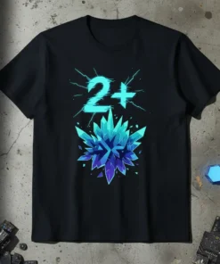 Black t-shirt with a bright cyan "2+" graphic above a blue and purple crystal cluster