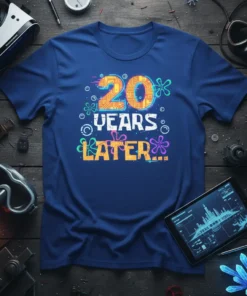 Blue t-shirt with "20 YEARS LATER..." text in orange, white, and yellow, featuring Spongebob-inspired graphics and circuit board patterns