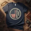 Navy t-shirt with a distressed circular graphic featuring the US flag and "20003 VINTAGE" text