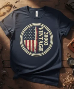 Navy t-shirt with a distressed circular graphic featuring the US flag and "20003 VINTAGE" text