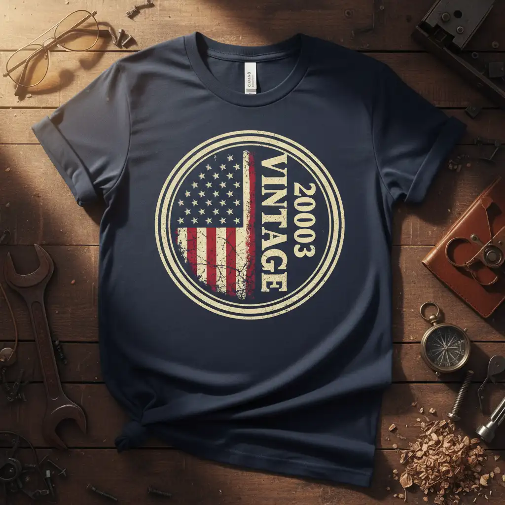 20003 Vintage distressed American flag graphic on a navy blue t-shirt design