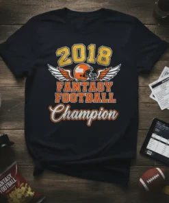 2018 Fantasy Football Champion text design with football helmet and wings graphic, vintage distressed style