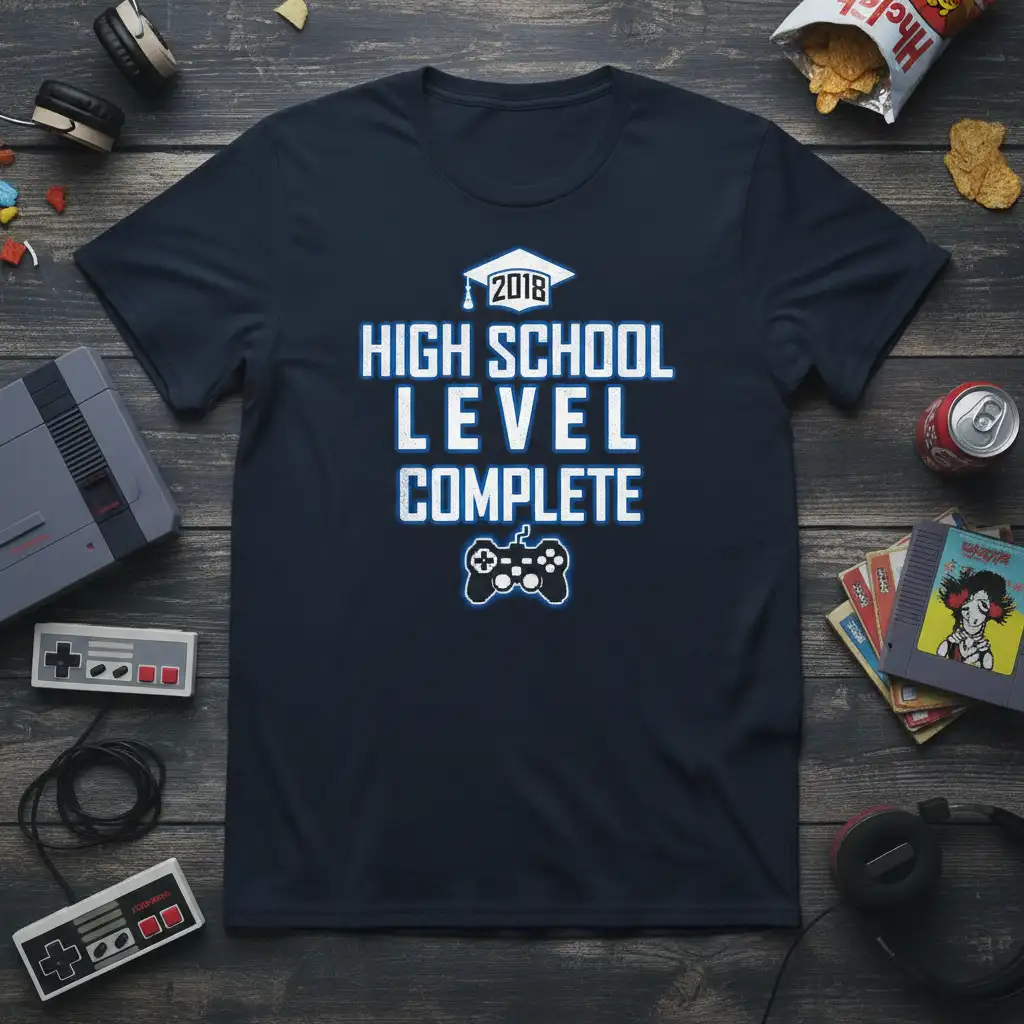 2018 High School Level Complete text with graduation cap and gamer controller design on a navy t-shirt
