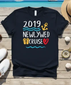 2019 Newlywed Cruise text with anchor, waves, flip-flops, and heart graphic on navy t-shirt