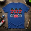 Royal blue t-shirt with "202 GOGO" text design featuring red and black striped numbers and conga drums graphic