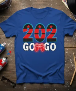 Royal blue t-shirt with "202 GOGO" text design featuring red and black striped numbers and conga drums graphic