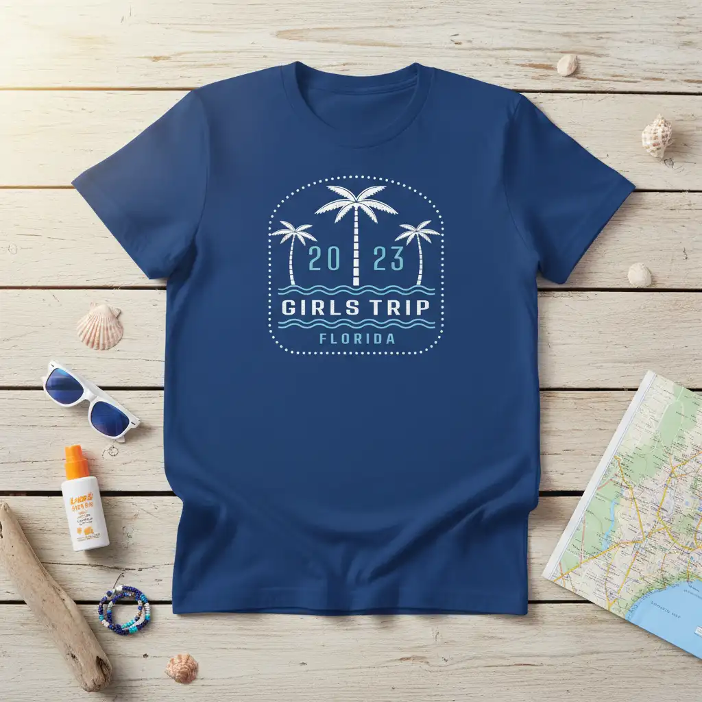 2023 Girls Trip Florida vacation t-shirt design with palm trees and ocean waves graphic