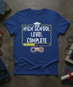 2023 High School Level Complete text with graduation cap and gamer controller graphic on a blue t-shirt