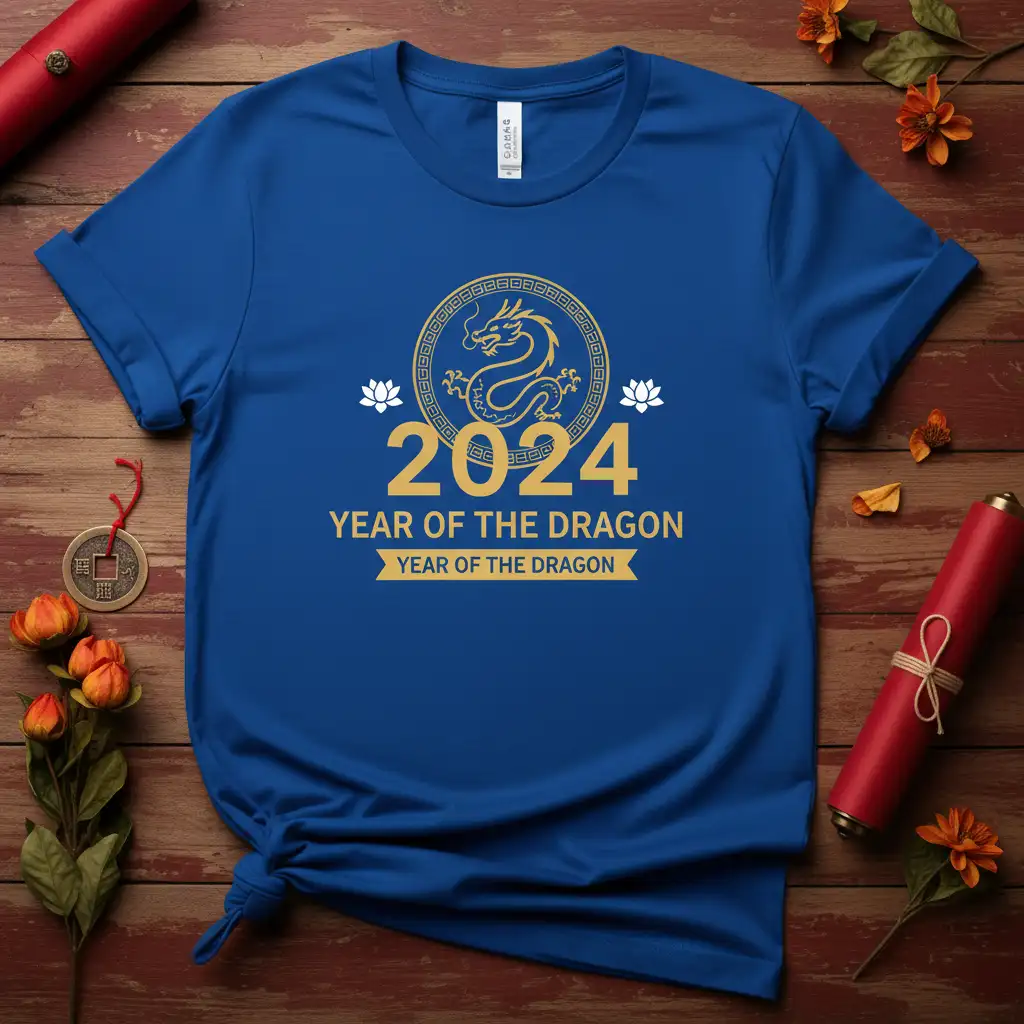 2024 Year of the Dragon Chinese New Year t-shirt with golden dragon motif and auspicious text
