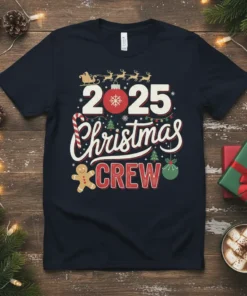 2025 Christmas Crew t-shirt design featuring festive typography, gingerbread man, candy cane, and ornaments