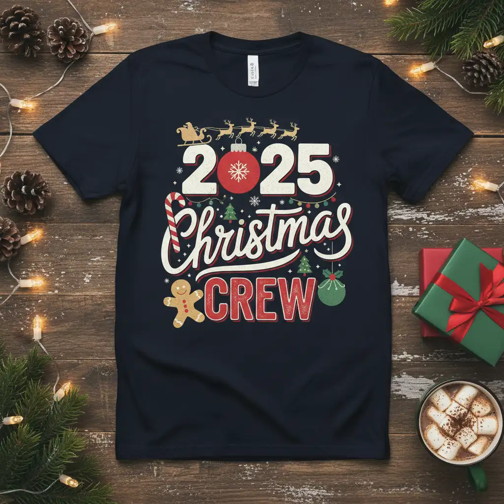 2025 Christmas Crew festive typography t-shirt design with holiday icons