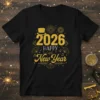 Black t-shirt with "2026 Happy New Year" in gold glitter text, top hat graphic, and festive fireworks design