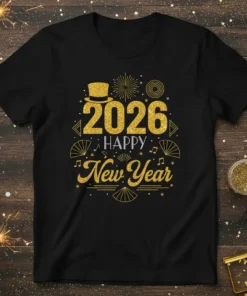 Black t-shirt with "2026 Happy New Year" in gold glitter text, top hat graphic, and festive fireworks design