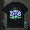 2026 Happy New Year text with neon fireworks graphic on a black t-shirt