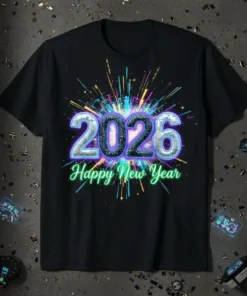 2026 Happy New Year text with neon fireworks graphic on a black t-shirt