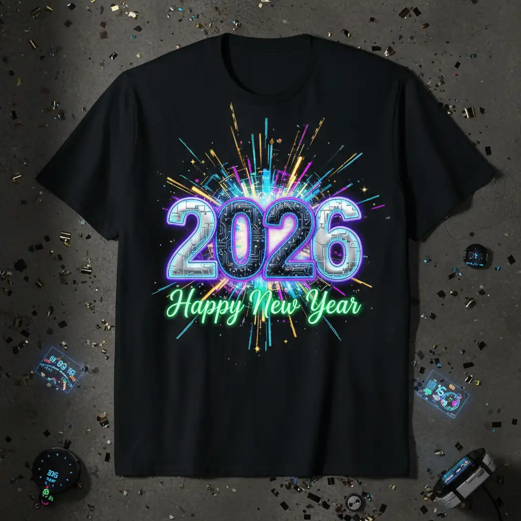 2026 Happy New Year futuristic design with neon fireworks and circuit patterns on a black tee