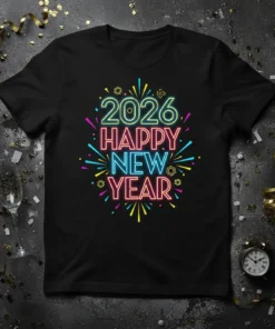 2026 Happy New Year text in vibrant neon colors with festive bursts, on a black t-shirt