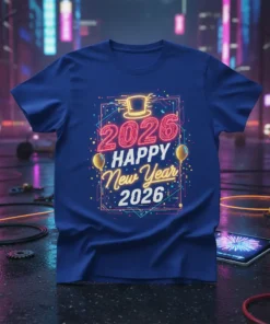 2026 HAPPY New Year 2026 text design with a top hat graphic and balloons, on a blue t-shirt