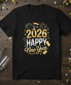 2026 Happy New Year text design with top hat, fireworks, and balloons graphic on a black t-shirt