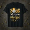 2026 Happy New Year t-shirt design with a disco ball wearing a top hat, champagne glasses, and gold confetti