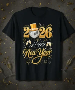 2026 Happy New Year t-shirt design with a disco ball wearing a top hat, champagne glasses, and gold confetti