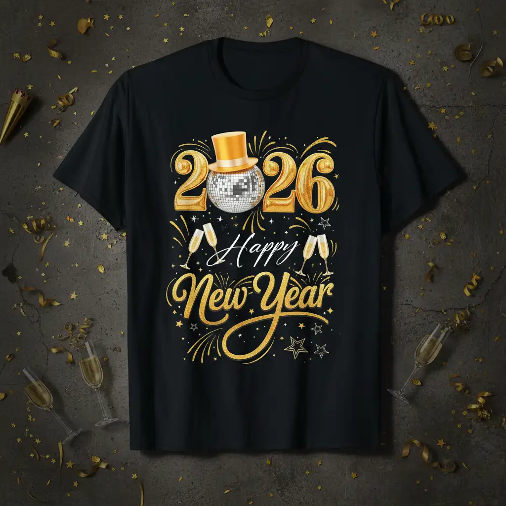 2026 Happy New Year text with disco ball top hat and champagne glasses graphic