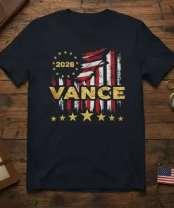 T-shirt with distressed American flag design and "2028 VANCE" text in gold, featuring stars around the year