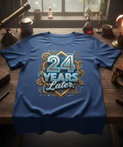 Anniversary t-shirt with "24 YEARS LATER" text in metallic silver and gold, surrounded by gears and geometric patterns