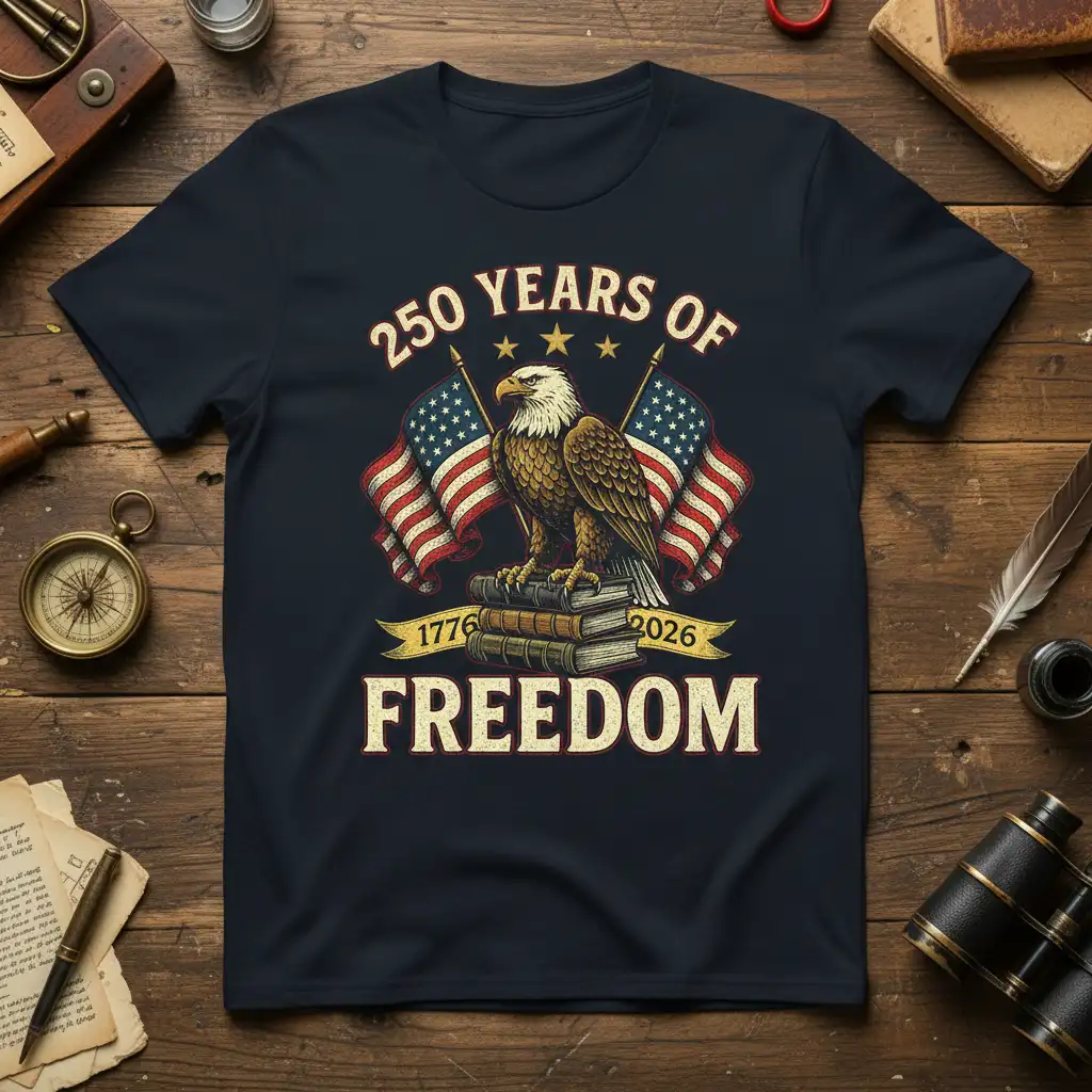 250 Years of Freedom 1776 2026 graphic t-shirt with eagle and US flags