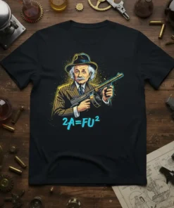 2A = FU² t-shirt design with a cartoon Albert Einstein holding a tommy gun and the equation 2A = FU²