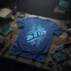 Blue t-shirt with neon blue and pink "2b || !2b" text and geometric design, perfect for programmers