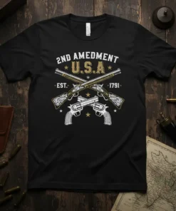Black t-shirt featuring white text "2ND AMEDMENT U.S.A EST. 1791" with crossed antique firearms graphic